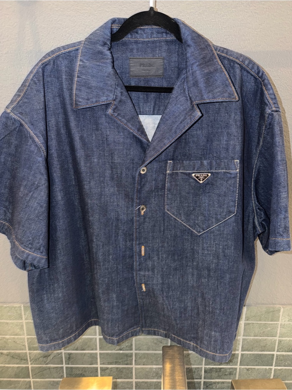 Prada Dark Blue Denim Short-Sleeve Camp Shirt Jacket